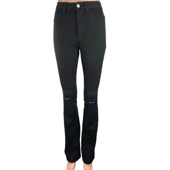 Fashion Nova Black High Rise Bootcut Flared Skinny Distressed Denim Jeans Sz 25 - Picture 1 of 5